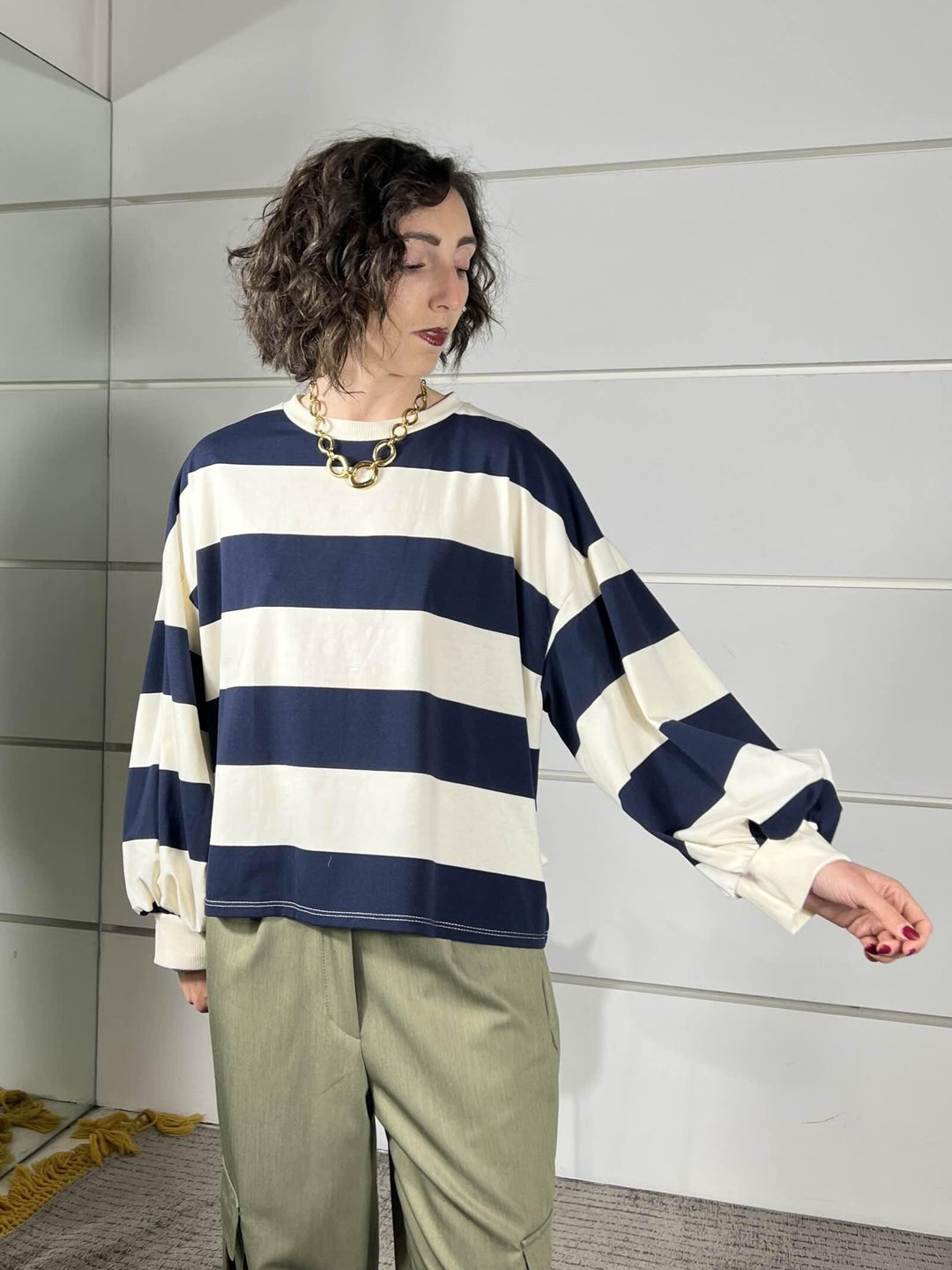 maglia a righe panna blu con manica a baloon D02N0366PANNA/BLU PHILIA LOFT