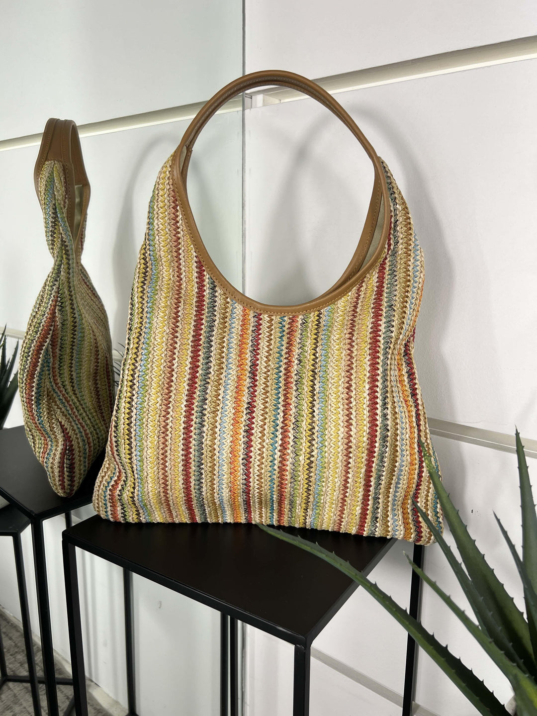 borsa a spalla in rafia rainbow con inserti in pelle RF-B0261RAINBOW FEMME CAFE SELECTION