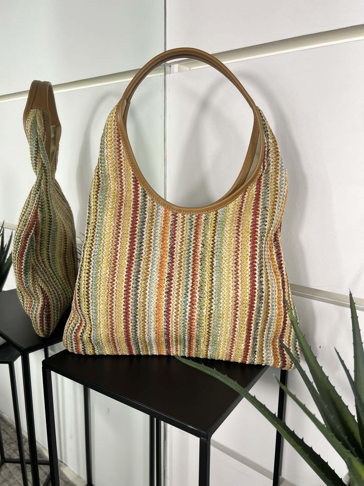 borsa a spalla in rafia rainbow con inserti in pelle RF-B0261RAINBOW FEMME CAFE SELECTION