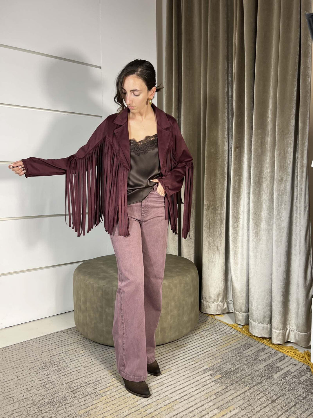 GIACCA BORDEAUX CON FRANGE SCAMOSCIATA JFW-P058BORDEAUX HAVE ONE