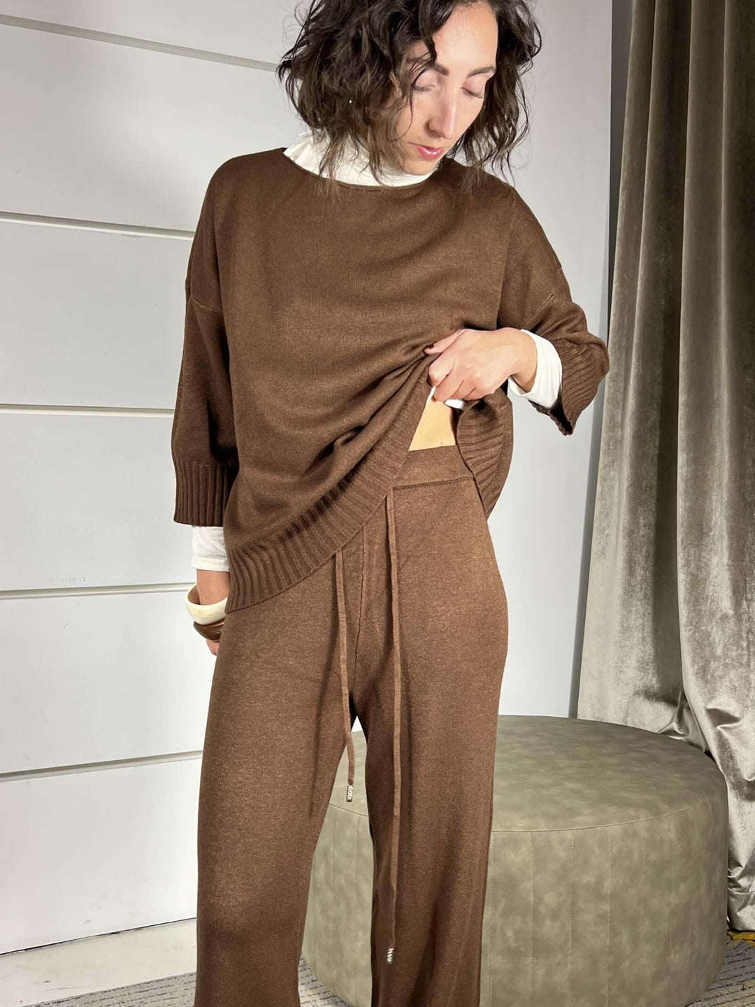 completo cioccolato maglia e pantalone a palazzo in calda viscosa LN871325MORO SUSY MIX