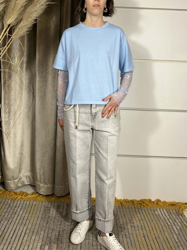 T-SHIRT CELESTE CON MANICA IN PIZZO 11073CELESTE SUSY MIX