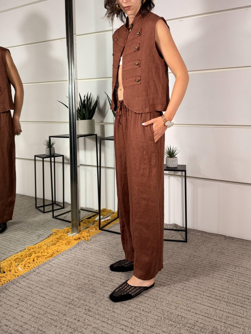 pantalone barrel 100% lino con elastico in vita e coulisse ruggine 6128RUGGINE SPICY CAFE
