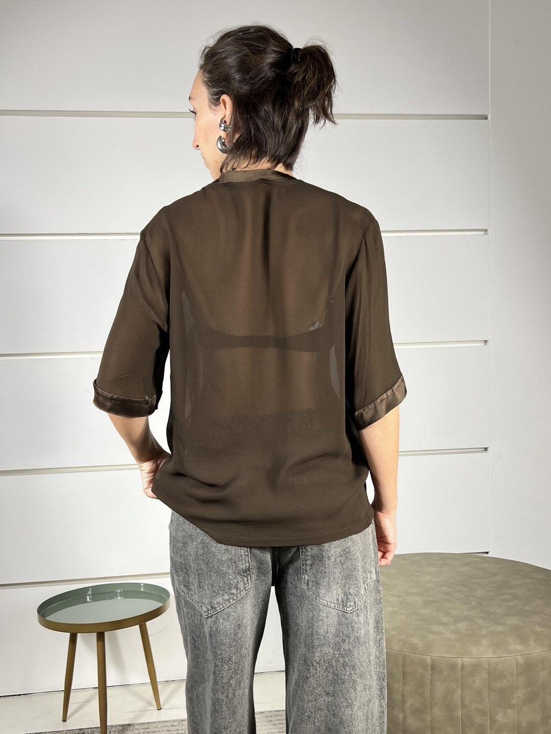 t-shirt over manica corta con trasparenze e bordi in raso moro TWG-P013PUCE HAVE ONE