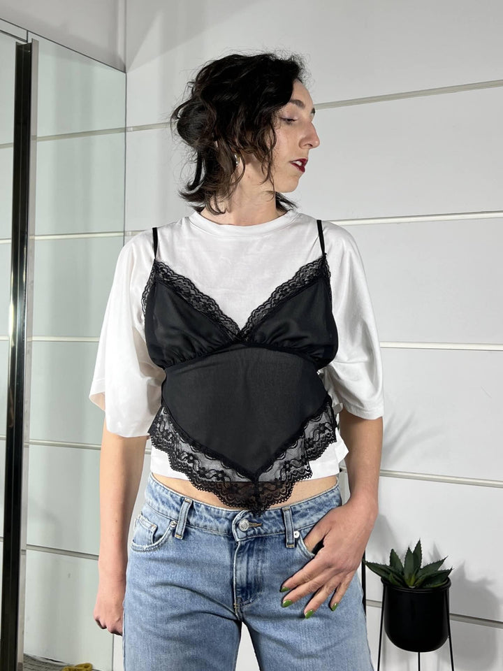 t-shirt manica corta con top satin con pizzo nero SH003847NERO SUSY MIX