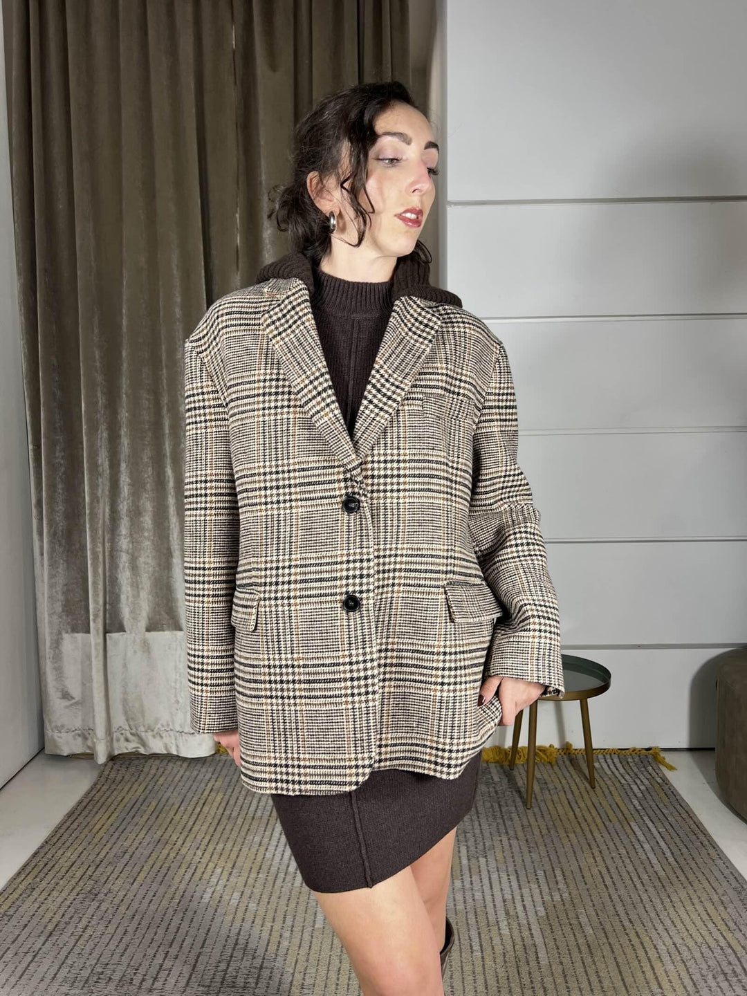 giacca cappotto pied de poule con cappuccio in maglia staccabile TF2084MORO/BURRO/BRUCIATO VICOLO