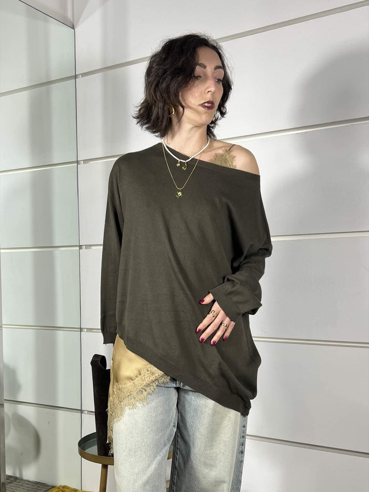 maglia in cotone moro asimmetrica con scollo a barchetta 61154MORO SUSY MIX