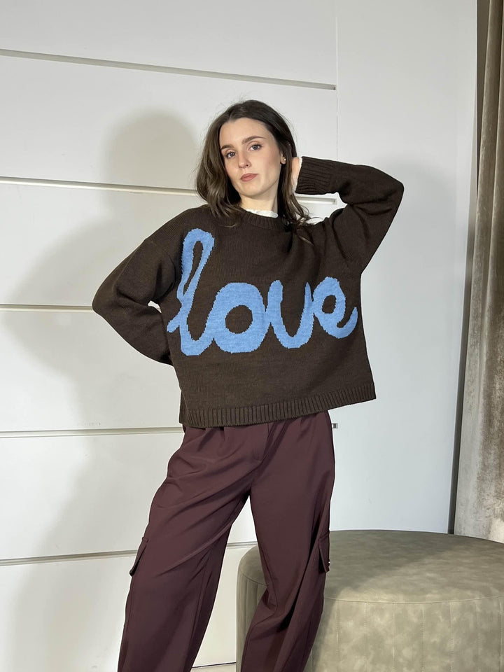 maglione girocollo moro con scritta  love azzurra W5HMJ70A400BROWN TENSIONE IN