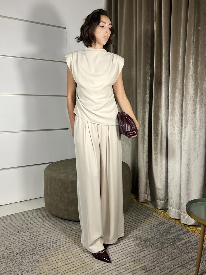 completo top con arricciatura e  pantaloni a palazzo beige PP258T52BEIGE SUSY MIX