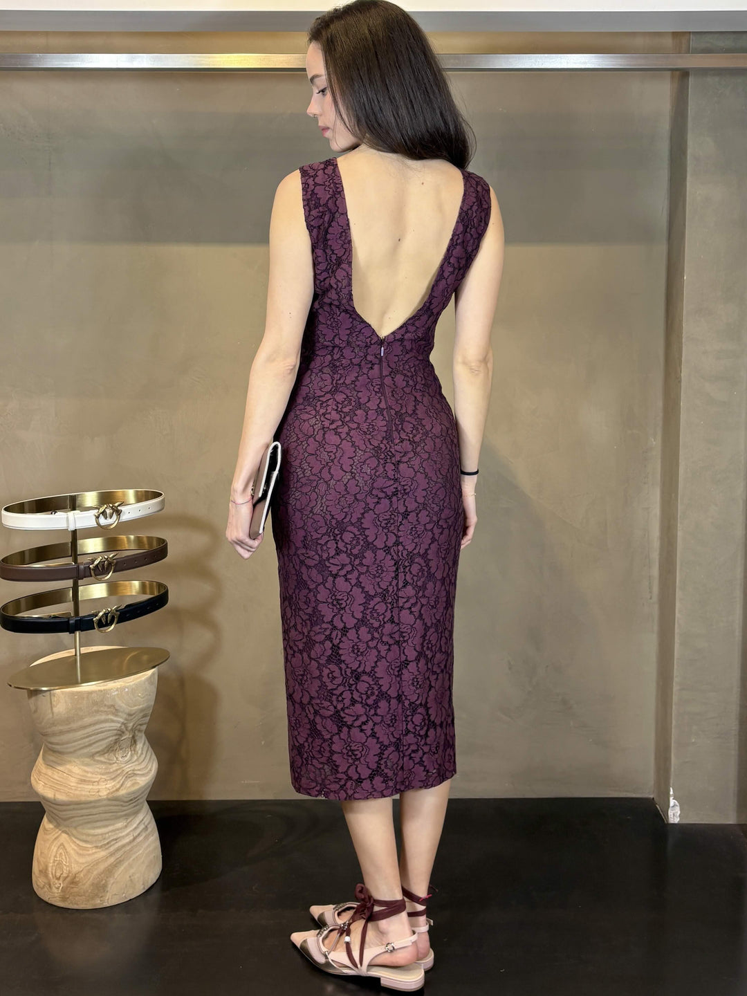 abito midi in pizzo bordeaux vino DRUPAR57 PINKO