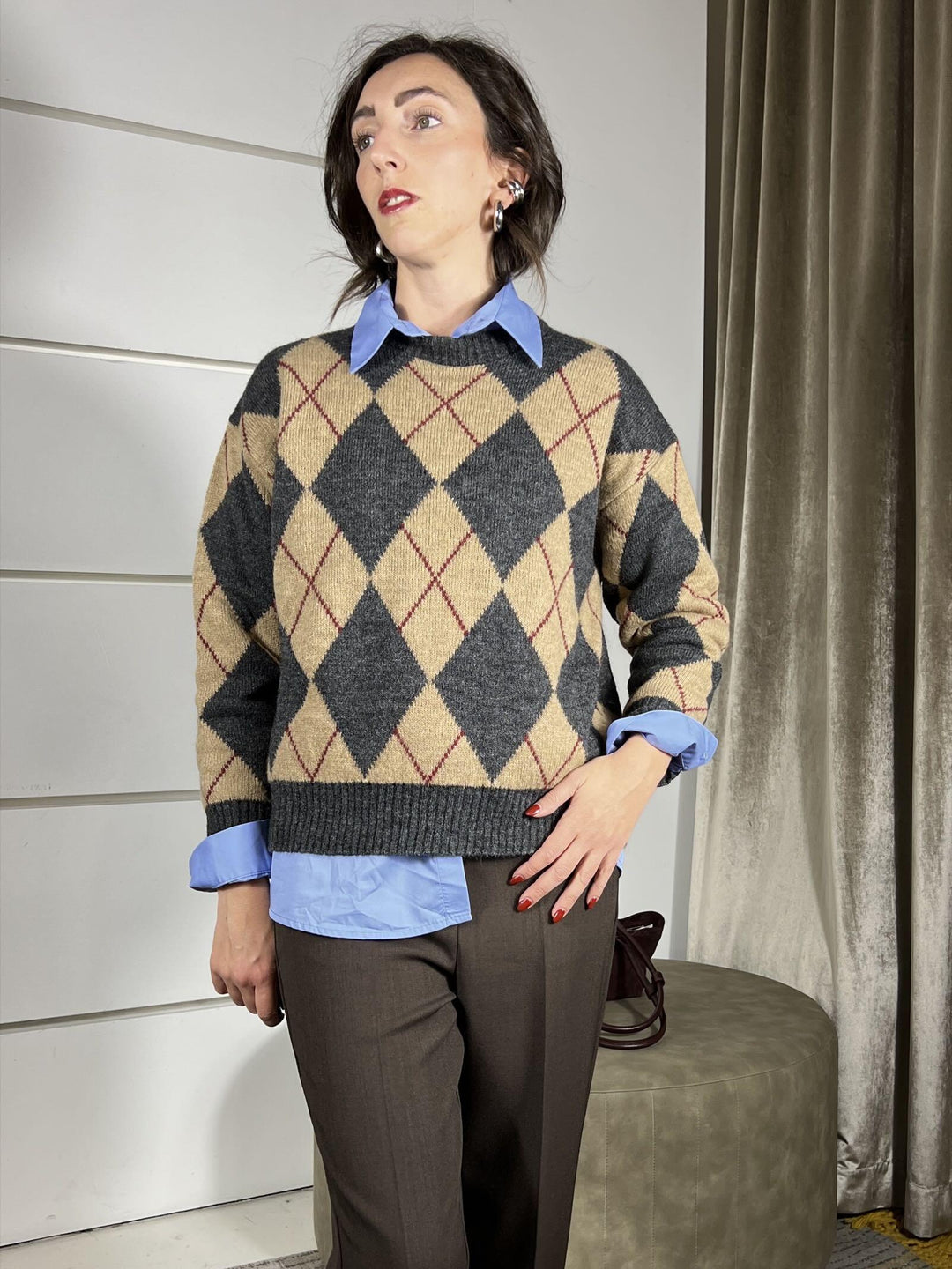 maglione girocollo con rombi grigio e cammello in misto lana 77289FGRIGIO/CAMMELLO VICOLO