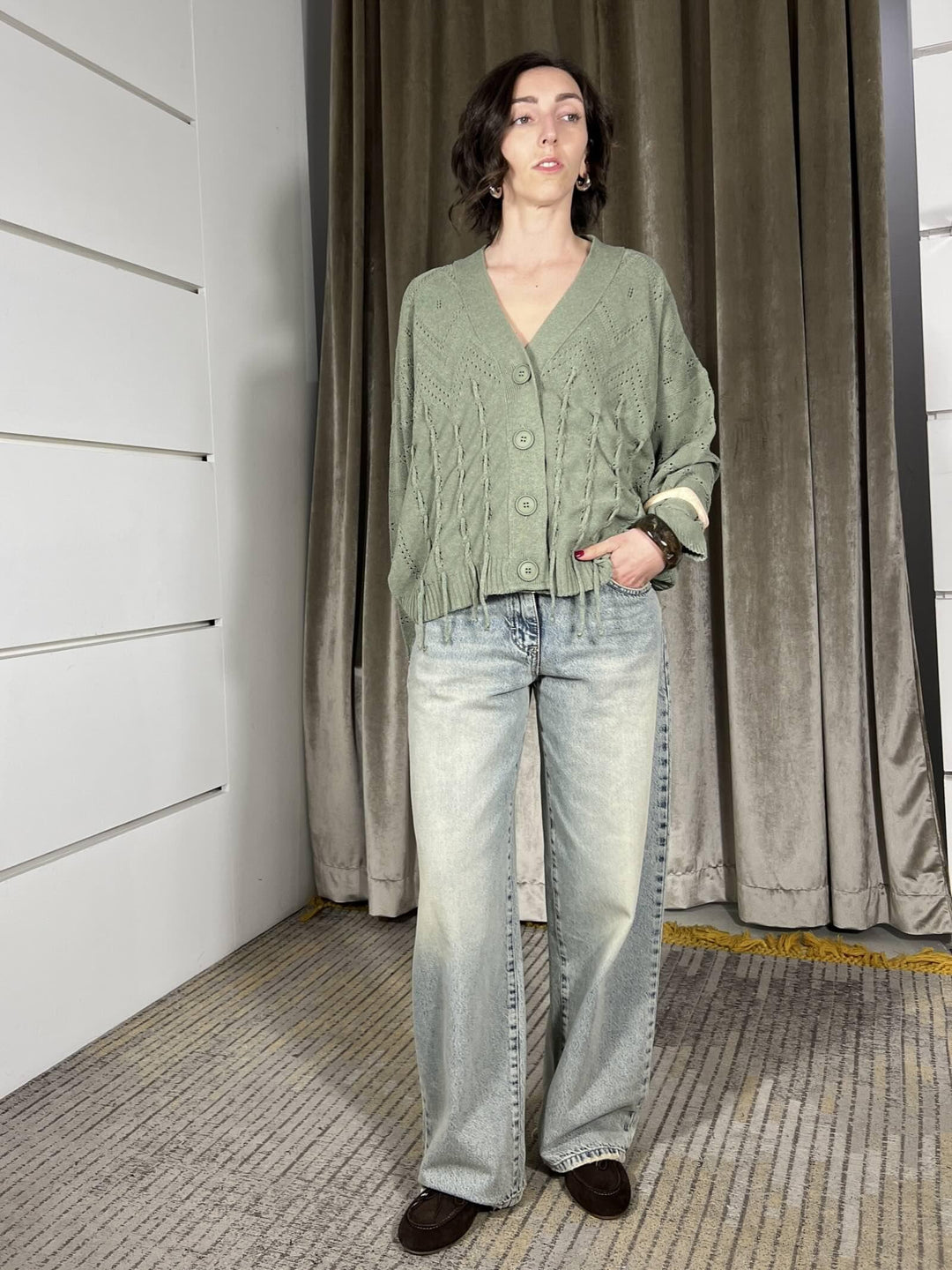 cardigan con frange scollo a v salvia MEV-Q016SALVIA HAVE ONE