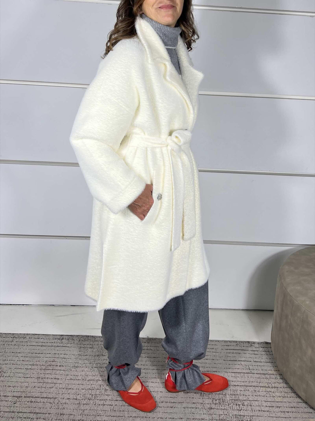 CAPPOTTO CON CINTURA EFFETTO VELOUR BIANCO MERINGA ZANTE CAPPOTTOZ13 PINKO