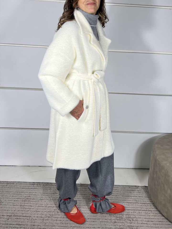 CAPPOTTO CON CINTURA EFFETTO VELOUR BIANCO MERINGA ZANTE CAPPOTTOZ13 PINKO