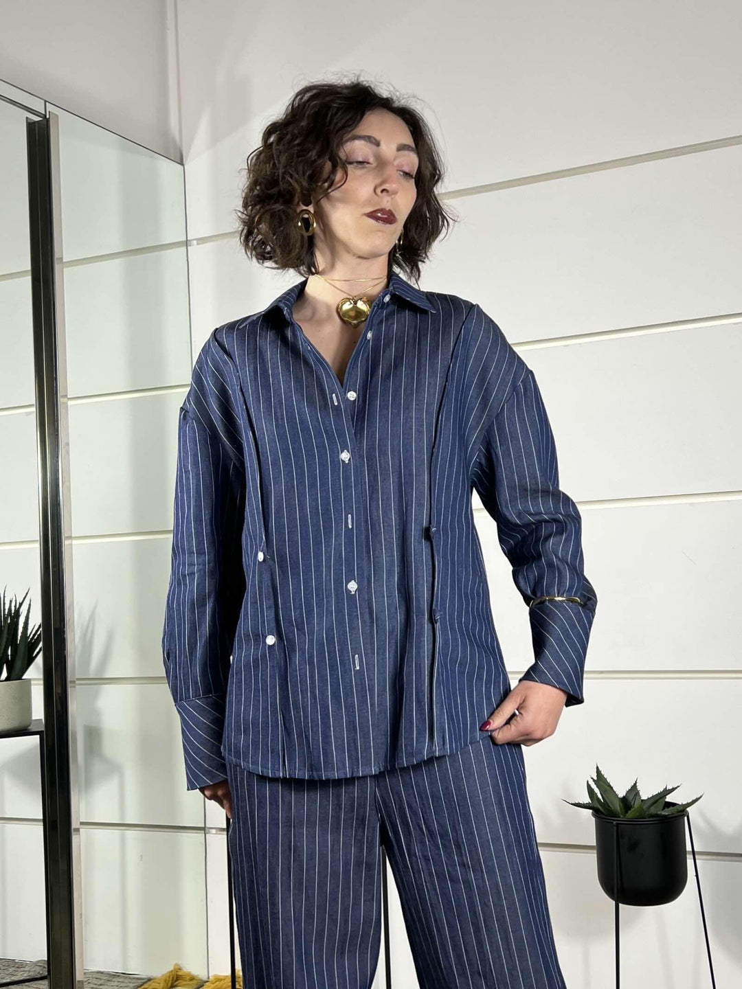 camicia blu gessata con doppia abbottonatura CVS-Q238BLU HAVE ONE