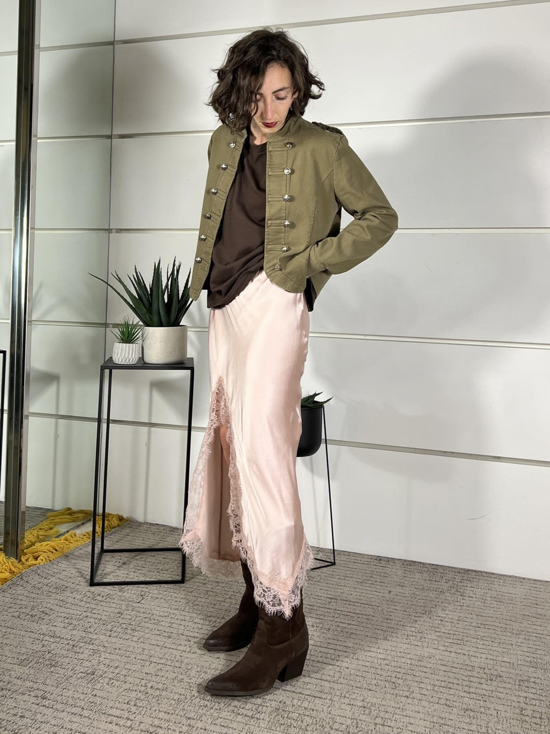 gonna satin rosa con spacco e pizzo SK1012U12ROSA SUSY MIX