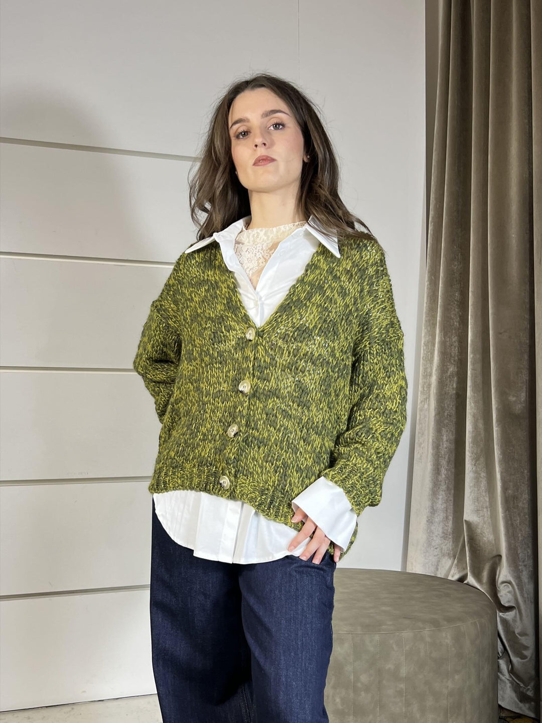 cardigan scollo a v verde 33059FVERDE MULTICOLOR VICOLO