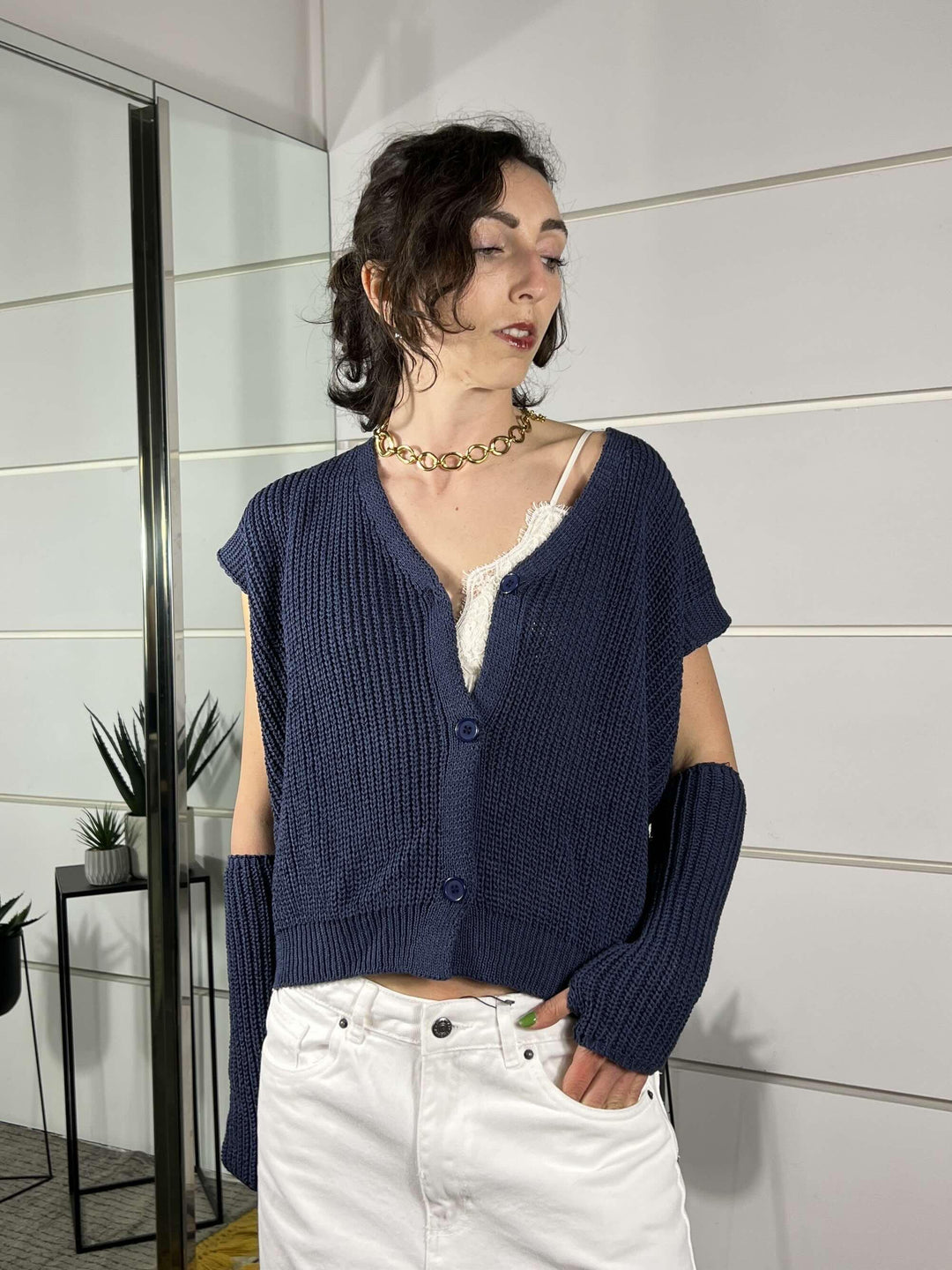 gilet con manicotti in cotone blu M93007BLU SUSY MIX