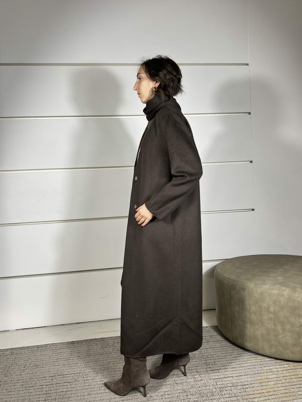 cappotto moro lungo con sciarpa integrata 50% lana hand made TF0060MORO VICOLO