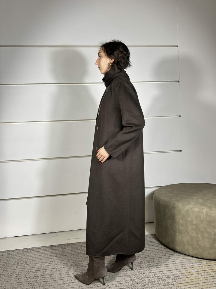 cappotto moro lungo con sciarpa integrata 50% lana hand made TF0060MORO VICOLO