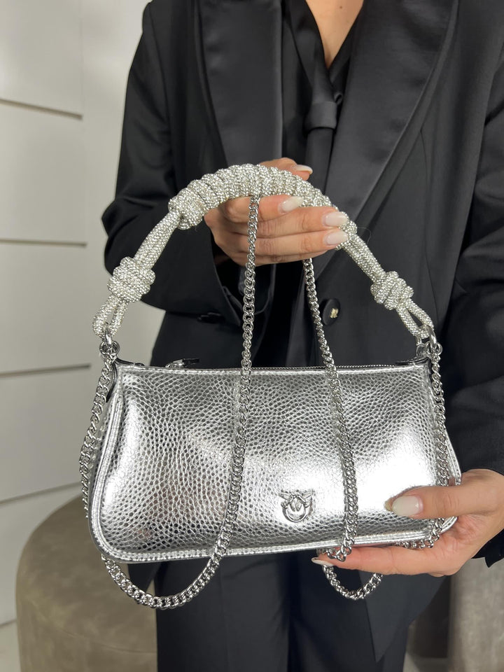 BORSA ARGENTO BAGUETTE LAMINATA CON STRASS HALF MOON BAGUETTE MINIZZFN PINKO