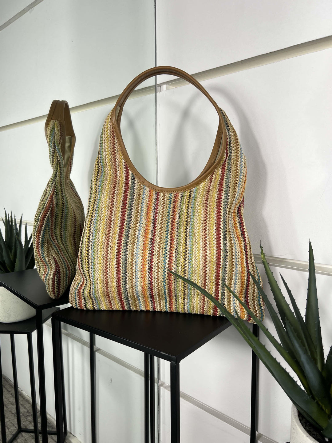 borsa a spalla in rafia rainbow con inserti in pelle RF-B0261RAINBOW FEMME CAFE SELECTION