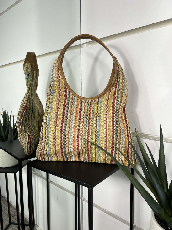 borsa a spalla in rafia rainbow con inserti in pelle RF-B0261RAINBOW FEMME CAFE SELECTION