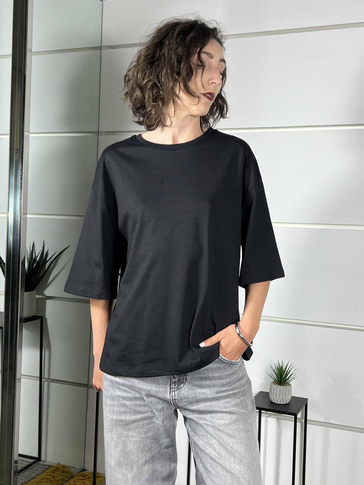 t-shirt nera over scritta shopping is my cardio LD5454NERO LUMINA