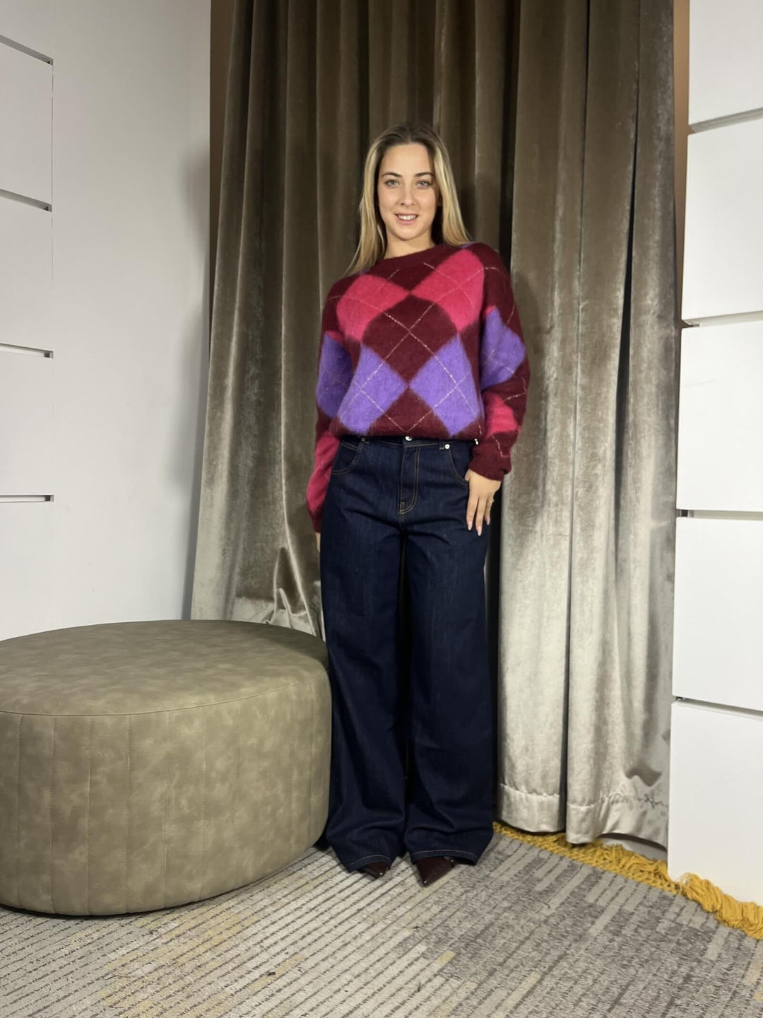 MAGLIONE CON ROMBI GIROCOLLO VIOLA E FUCSIA MISTO LANA L01O0416VIOLA PHILIA LOFT