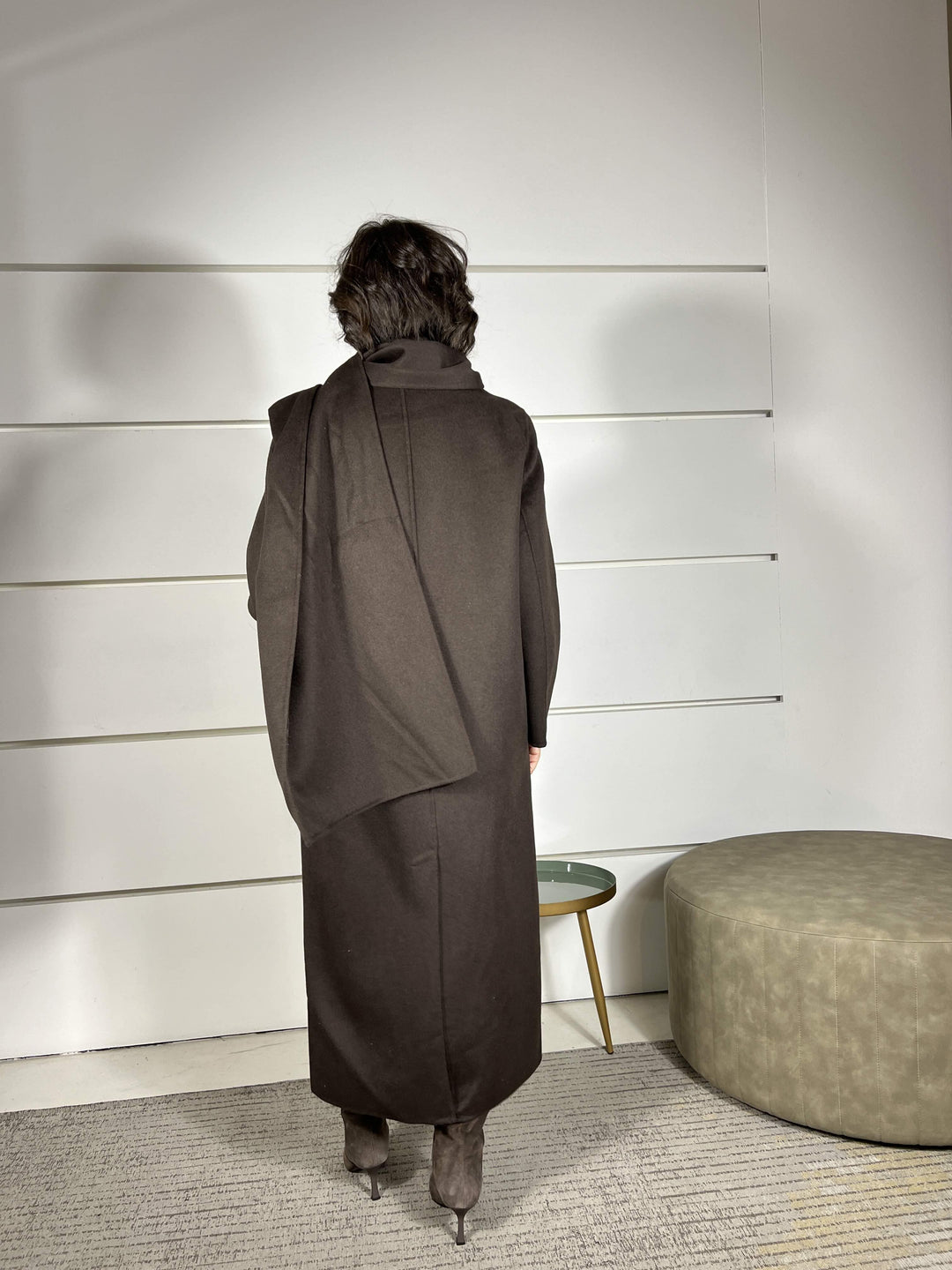 cappotto moro lungo con sciarpa integrata 50% lana hand made TF0060MORO VICOLO