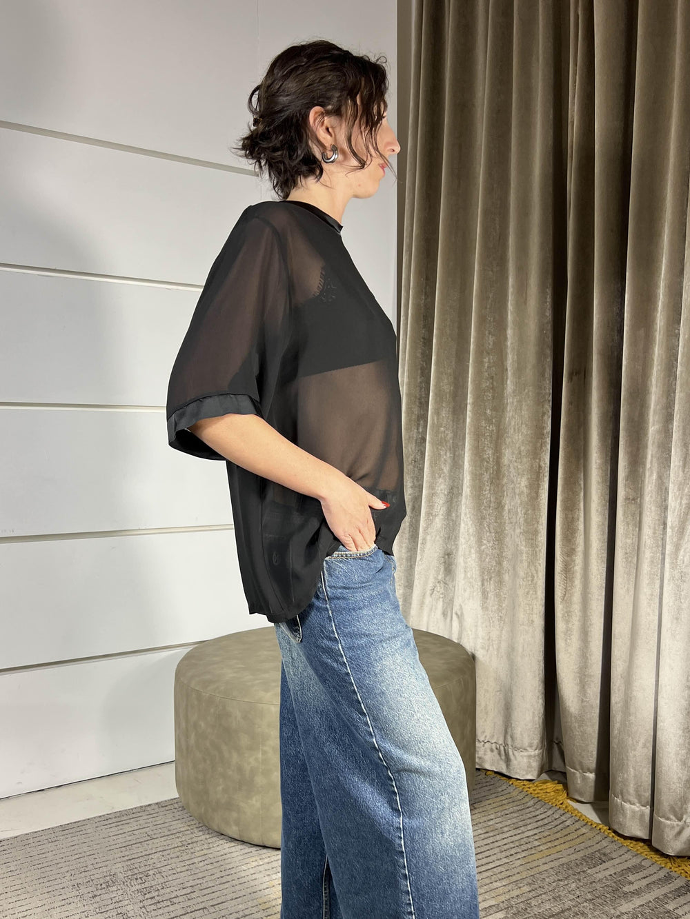 t-shirt nera over manica corta con trasparenze e bordi in raso TWG-P013NERO HAVE ONE