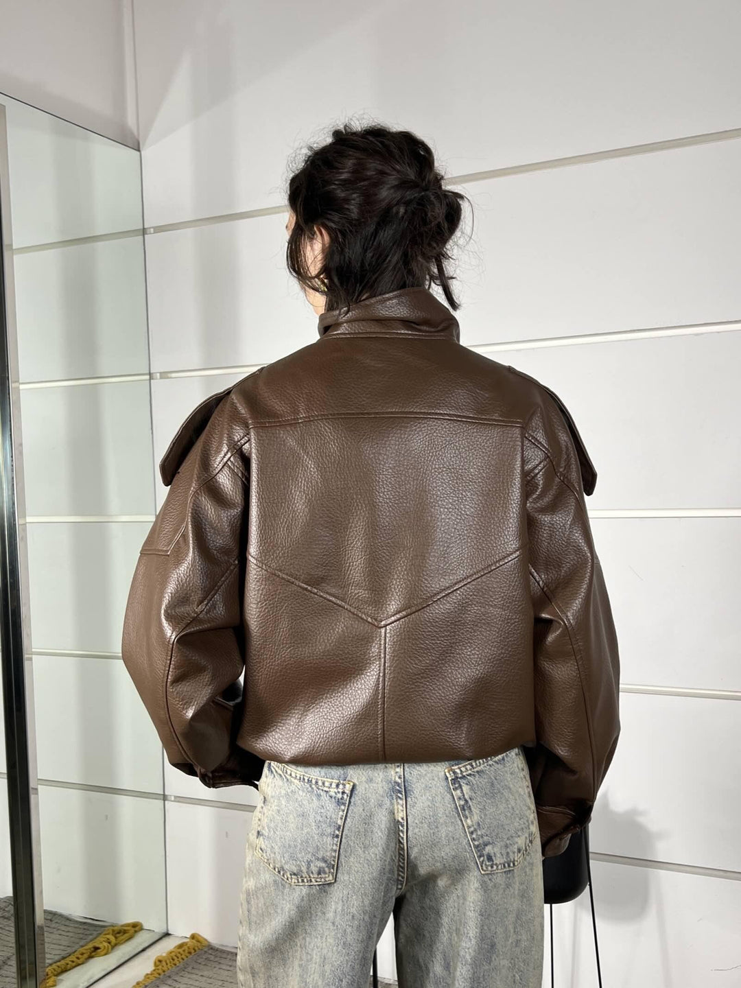 bomber in ecopelle collo alto con patta martellato moro 39025MORO TENSIONE IN