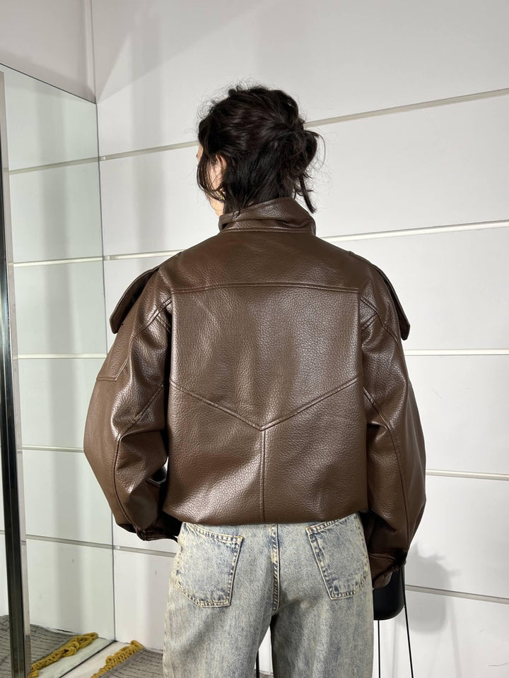 bomber in ecopelle collo alto con patta martellato moro 39025MORO TENSIONE IN