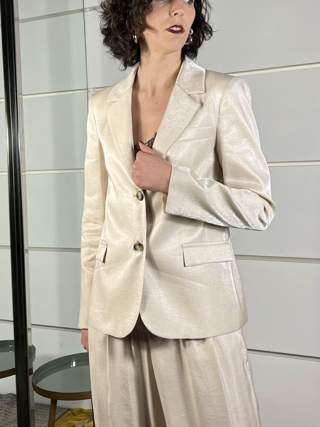 completo laminato giacca e pantalone a palazzo 101551AVORIO SUSY MIX