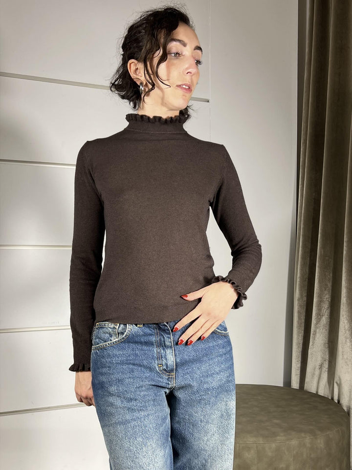 maglia moro in viscosa con rouches nel collo e nella manica MNC-P059MORO HAVE ONE