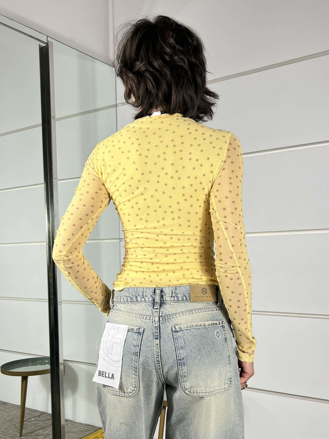 body a pois giallo in tulle con arricciatura sul fianco LD5048GIALLO LUMINA