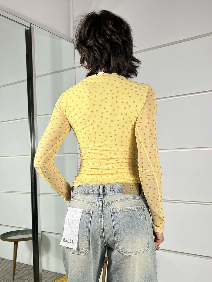 body a pois giallo in tulle con arricciatura sul fianco LD5048GIALLO LUMINA