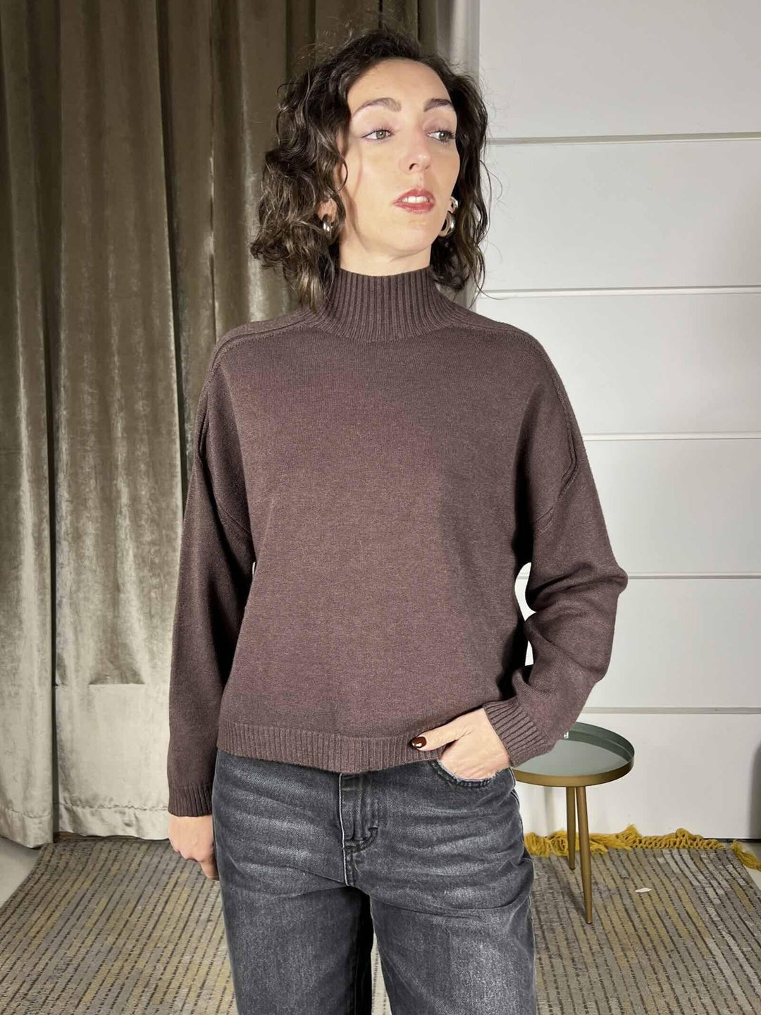 maglia collo alto con coste over, in viscosa moro 77063FMORO VICOLO