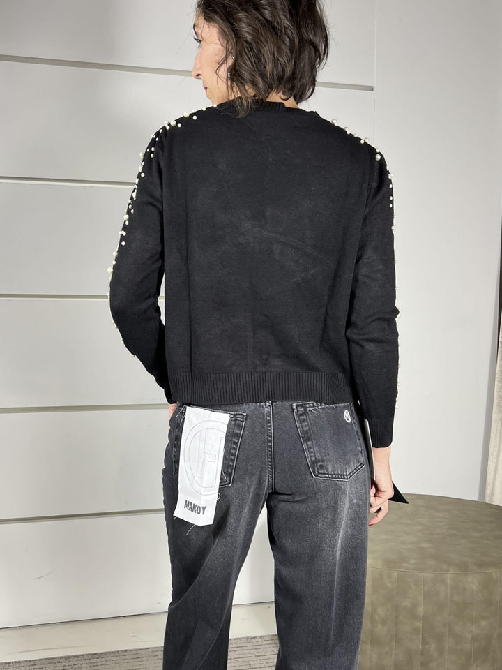 maglia scollo barca con perle maniche MAZ-P109NERO HAVE ONE