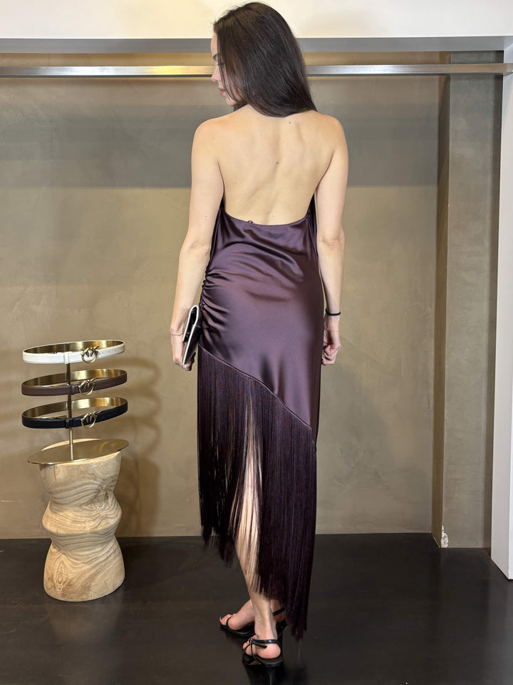 abito satin con frange bordeaux vino UVAR57 PINKO