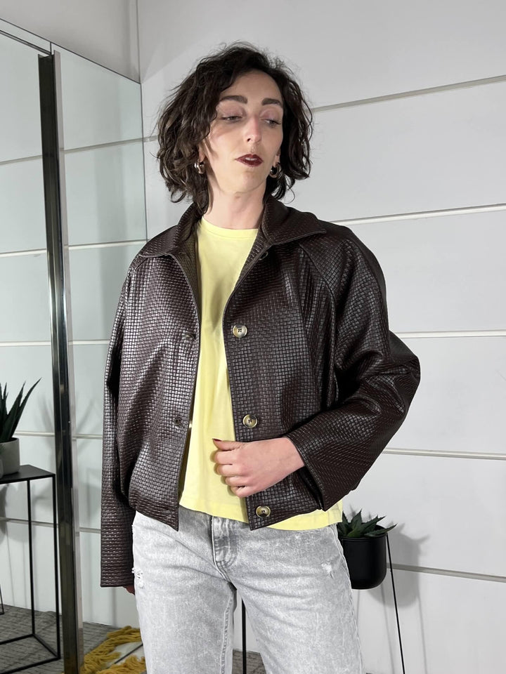 bomber in ecopelle intrecciato con collo a camicia moro KNO-Q056MORO HAVE ONE