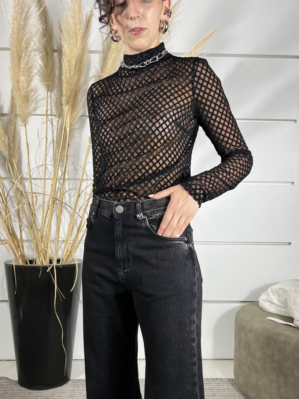 MAGLIA A LUPETTO BLACK NET LUREX CON TRASPARENZE 8M1744A638K469 PATRIZIA PEPE PREVIEW