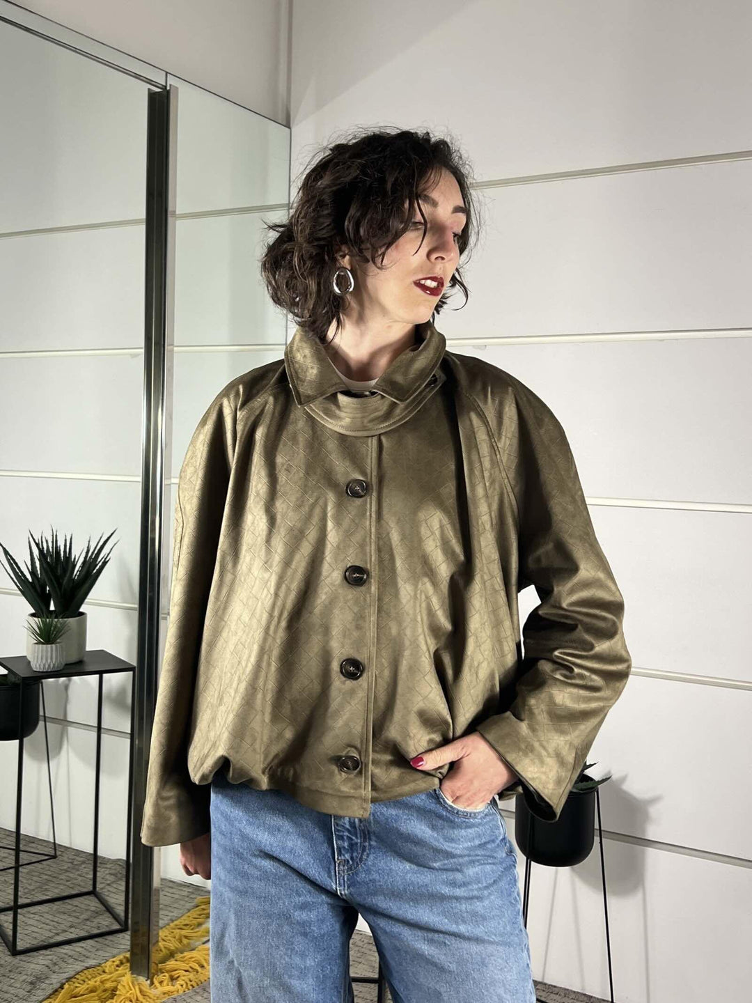 bomber a intreccio con collo a camicia, in ecopelle militare 26B4164MILITARE TENSIONE IN
