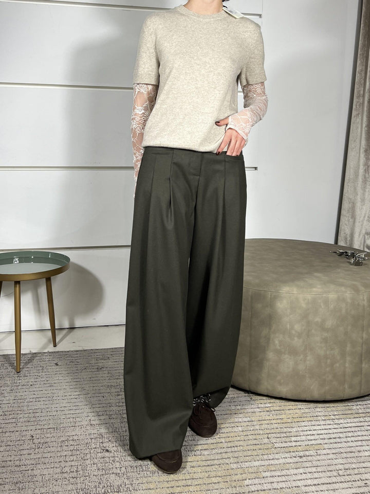 PANTALONE VERDE A PALAZZO CON PINCES IN FLANELLA TF1830VERDE MILITARE VICOLO