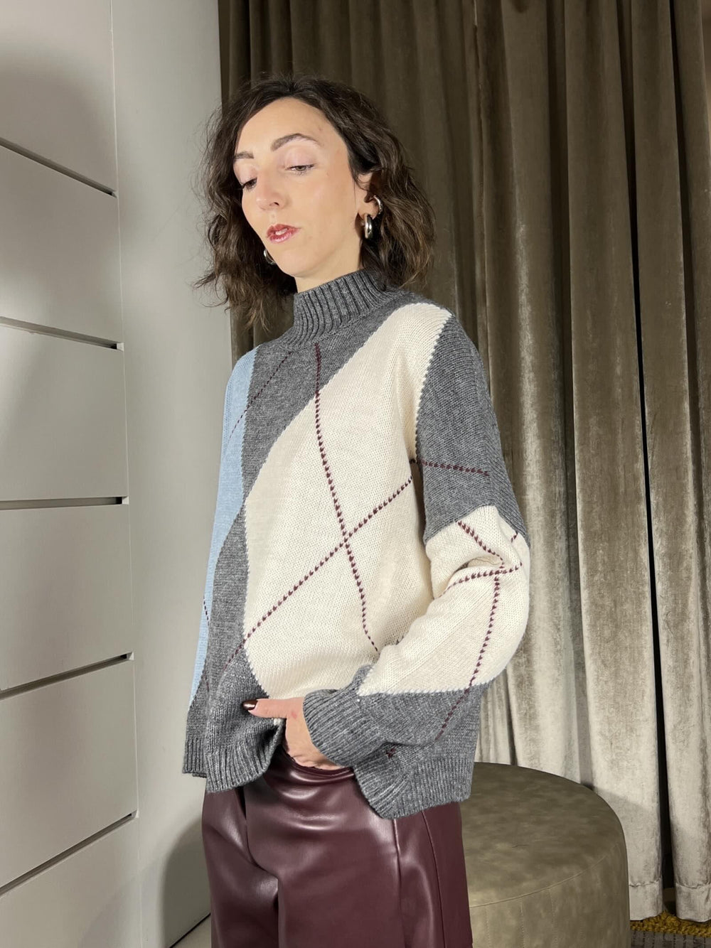 maglione rombi in misto lana grigio celeste e panna F01E0886ANTRACITE PHILIA LOFT