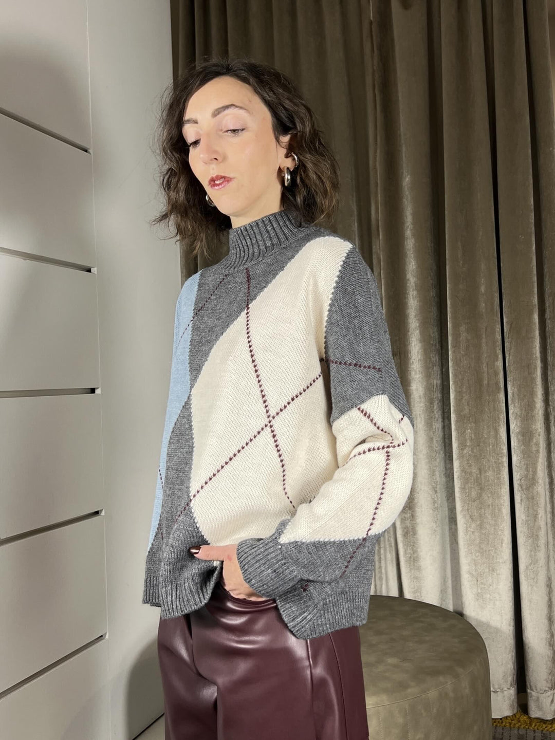 maglione rombi in misto lana grigio celeste e panna F01E0886ANTRACITE PHILIA LOFT
