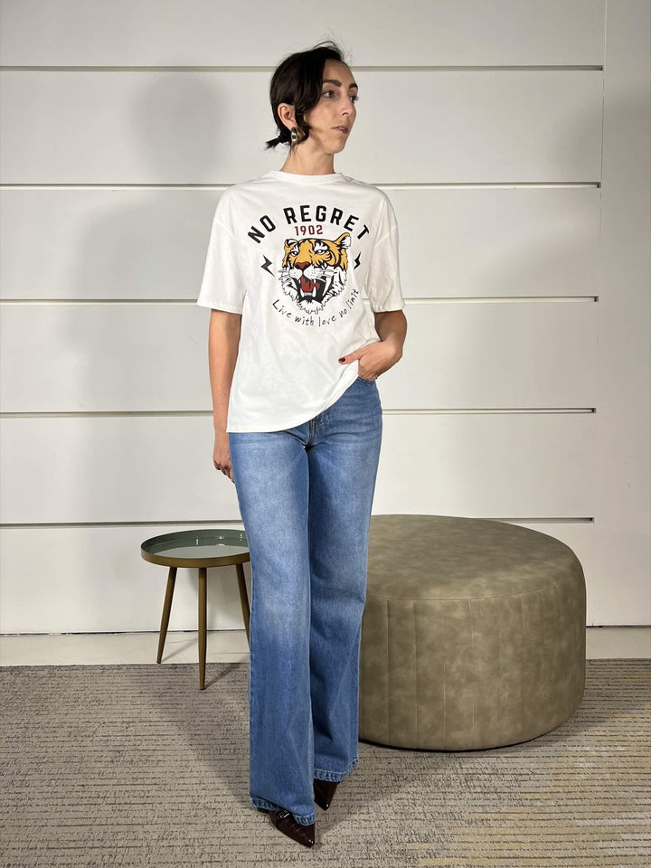 t-shirt bianca con stampa tigre "no regret" TMA-P042BURRO HAVE ONE