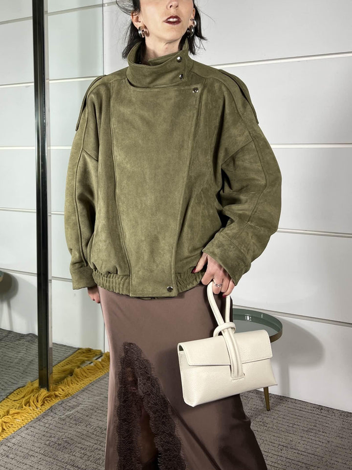 giubbotto a bomber collo alto scamosciato verde militare PE260096MILITARE TENSIONE IN