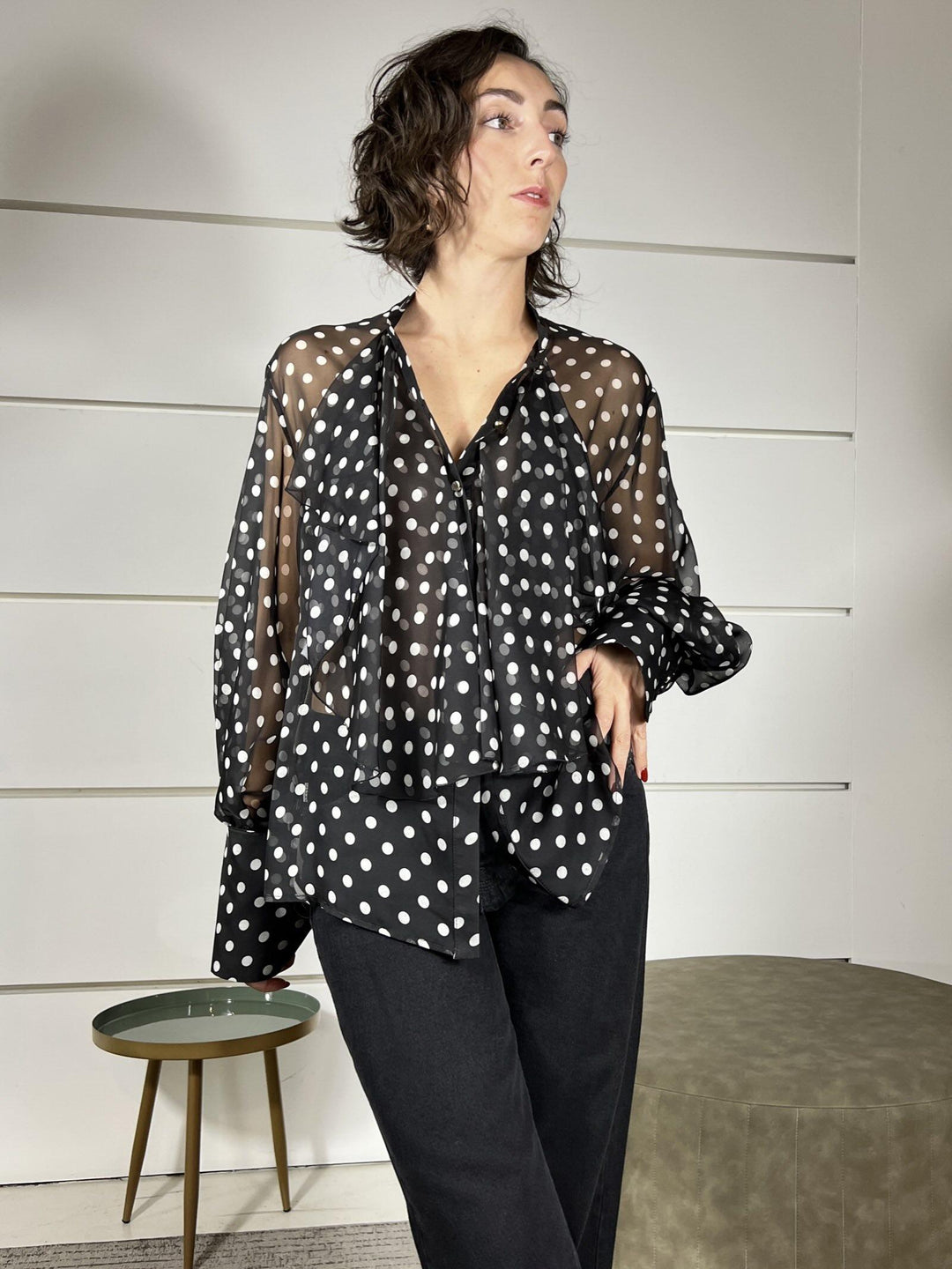 camicia con pois e rouches nera e panna CNE5KHD2908 IMPERIAL