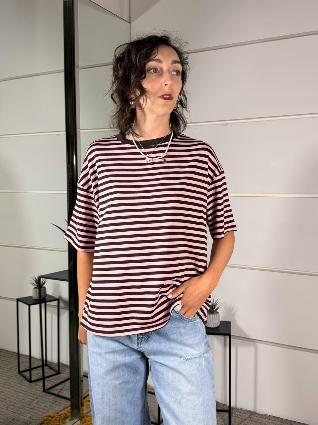 t-shirt a righe girocollo manica corta rosa e marrone 10060ROSA/MARRONE SPICY CAFE